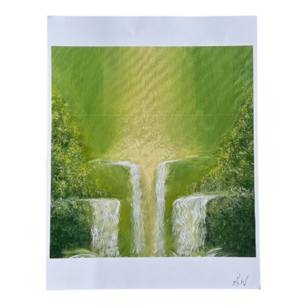 Serene Forest Waterfall Art Print Greens Yellow Nature Botanical 9"x 8.25" Calm